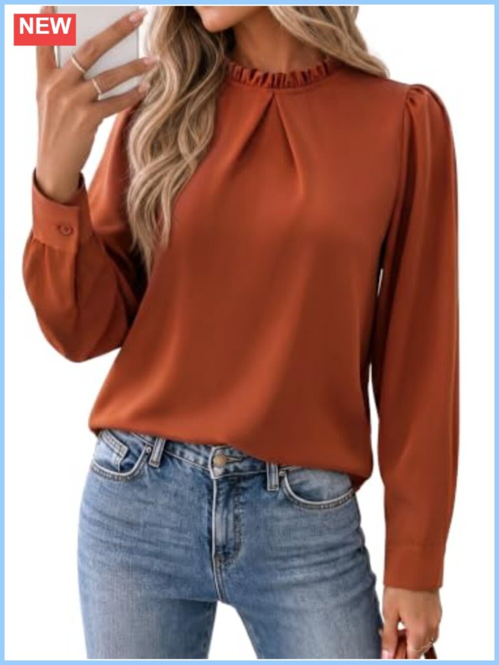 Womens Chiffon Ruffle Mock Neck Long Sleeve Blouse Pleated Top